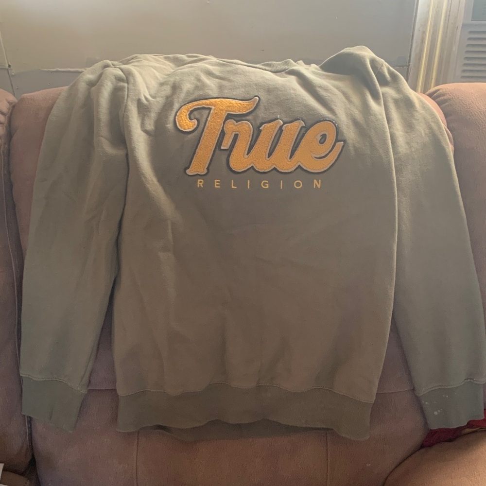 True Religion Olive Green Sweatshirt with Yellow Chenille Logo
